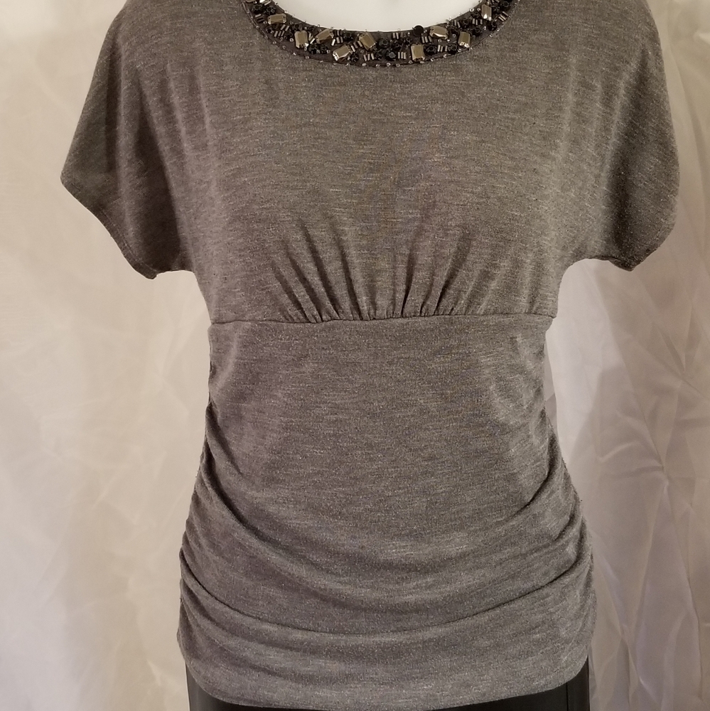B Design Womens Gray Top Stone Studded Small